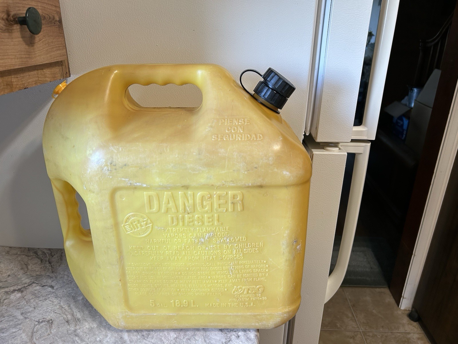 Vintage Blitz 5 Gallon Diesel Can Yellow Poly Rear Vented Model 5CXD Look