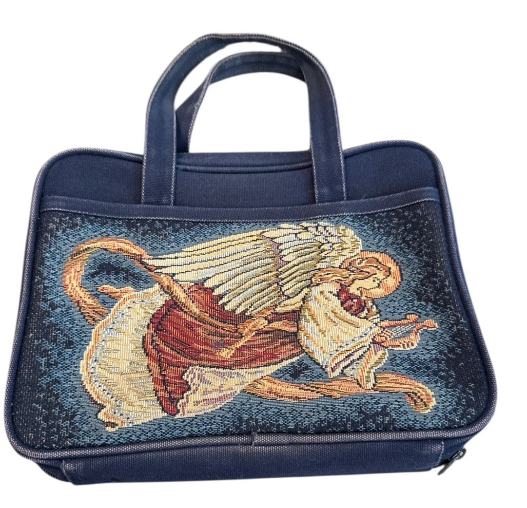 Vintage Bible Devices Book Carrier 8x3x12 Side Pockets Zip Angel Harp 1998 Korea