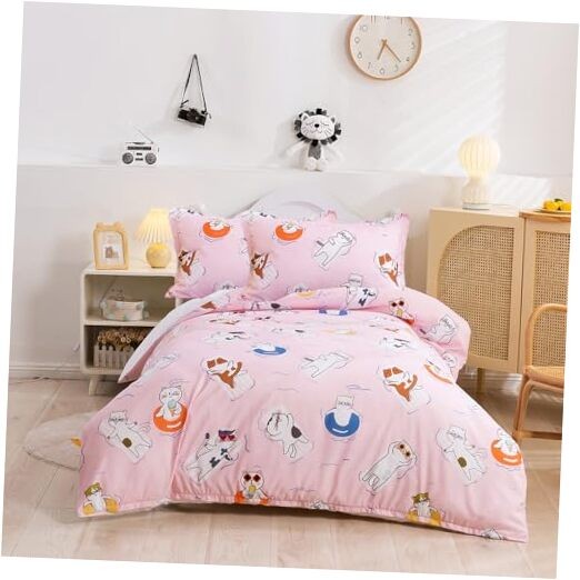 Pink Cute Cat Girls Duvet Cover Set Size, 3 Piece Soft Printed Queen Cat Pink