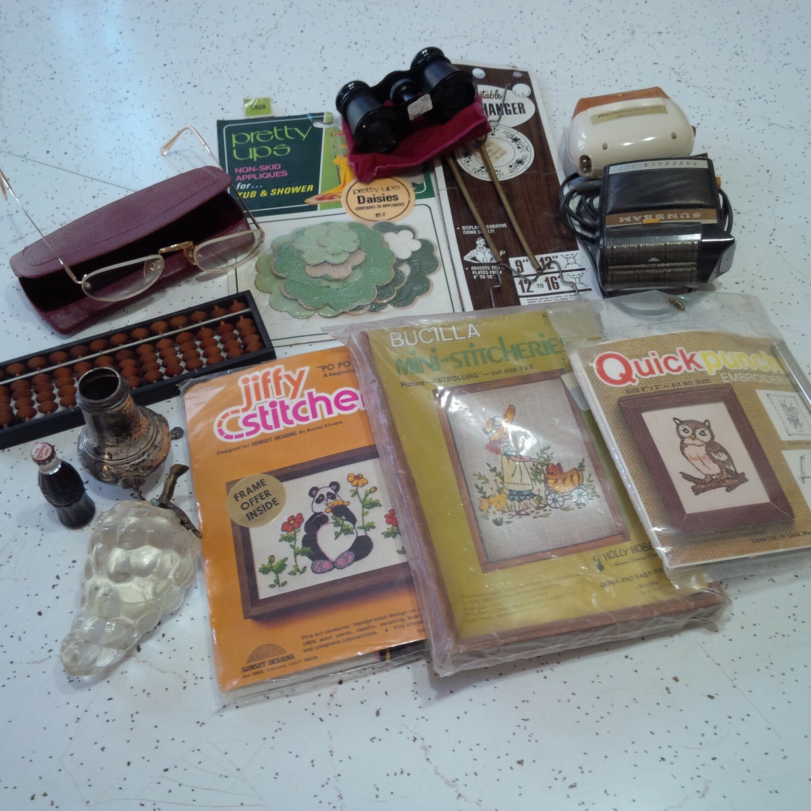 Antique Vintage Time Capsule Lot Embroidery Kits Eyeglasses Shavers Pretty Ups