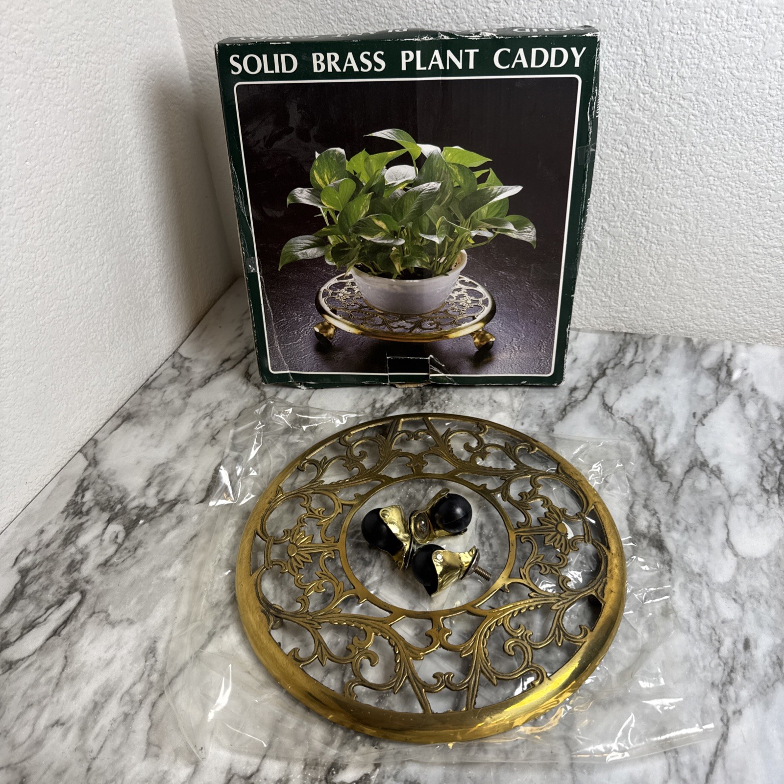 Vintage Ornate Round Solid Brass Rolling Plant Base Caddy W/Wheels - 11 Inches