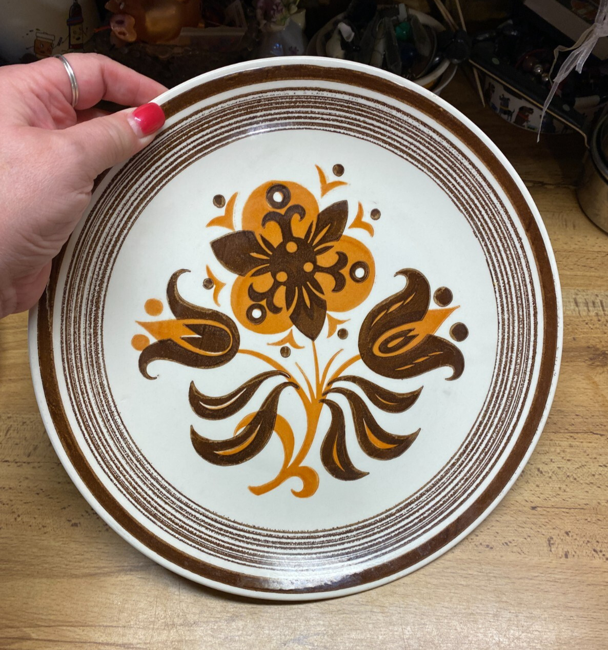 Mid Century Modern Retro Orange Brown Flower Tulip Ceramic Platter Vtg 11 1/2"