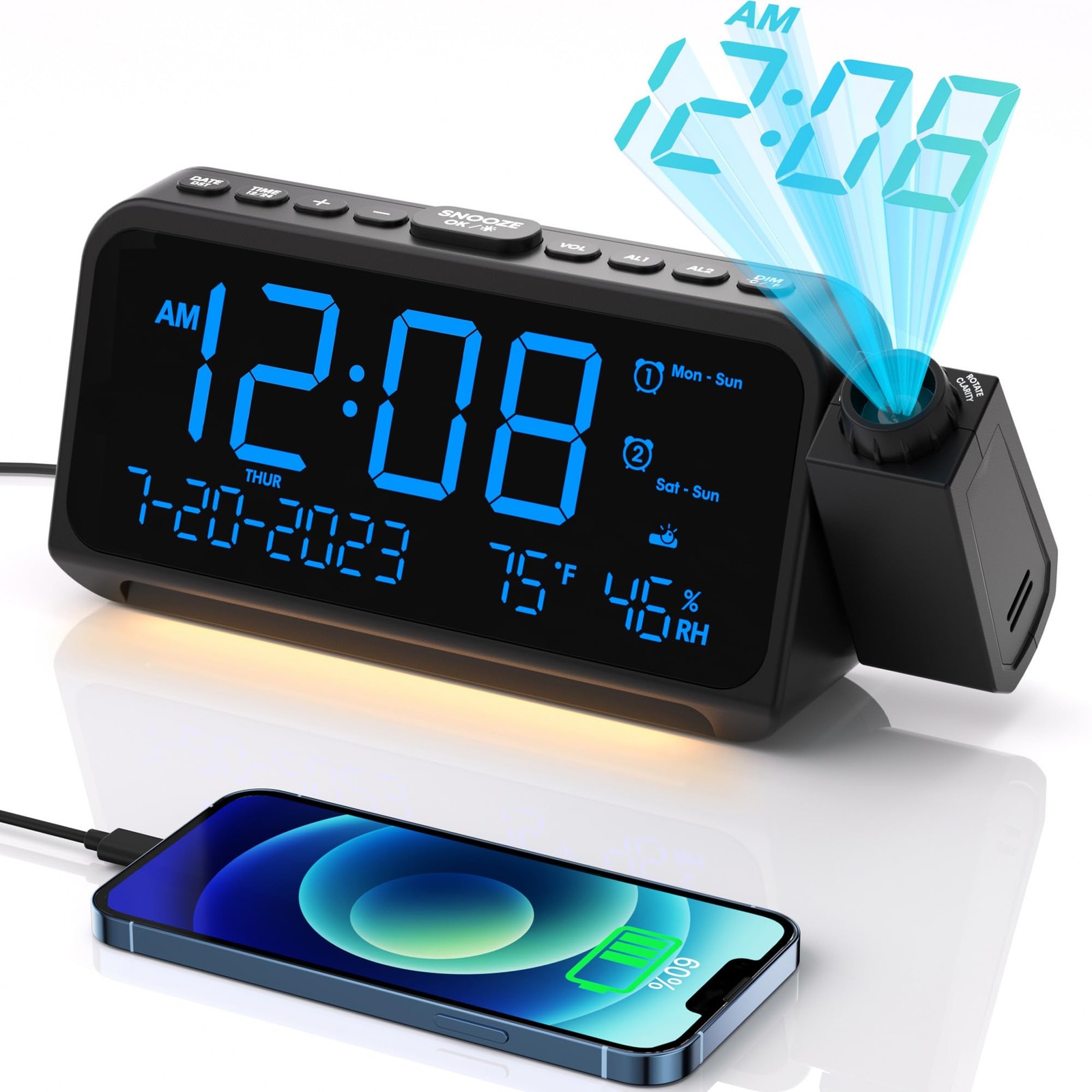 Projection Alarm Clock for Bedroom, Alarm Clock with 350° Rotatable Projector...