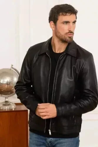 Mens Classic Style Black Genuine Leather Fashion Jacket