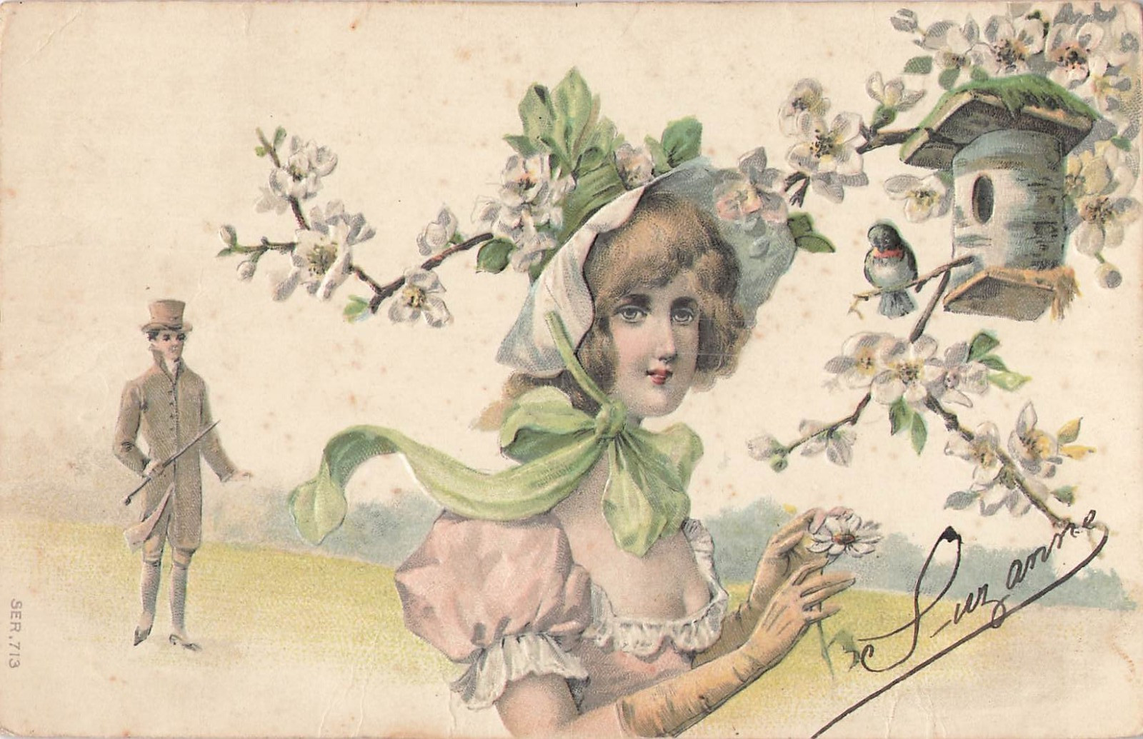 CP ILLUSTRATED WAFFLE MAN APPROACH WOMAN HAT NEST BOX BIRD FLOWERS - 53121