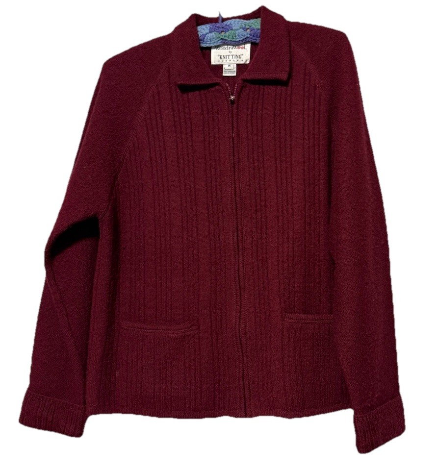 VTG WondraWool Knitting Needles Cardigan Sweater Jacket Zip Up Red Cottagecore M