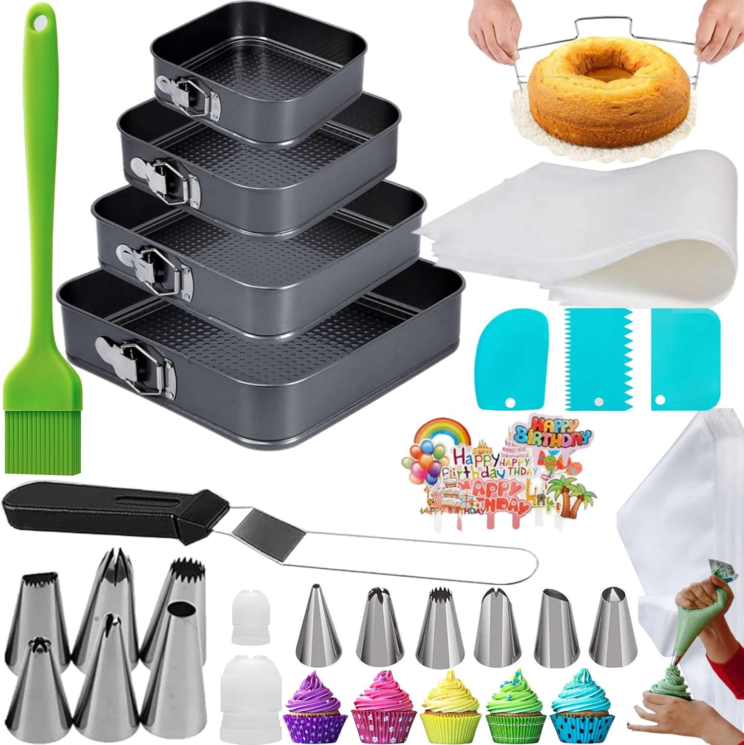 Cake Square Pan Sets for Baking + Cake Decorating Supplies: 4 Non-Stick Springfo