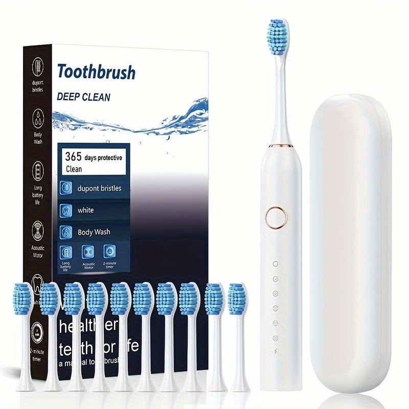 USB Rechargeable Electric Toothbrush Set, 6 Modes, 8 Replacement Brushes, White