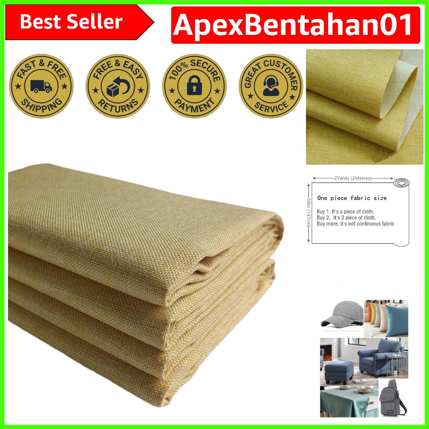 Versatile Solid Yellow Upholstery Fabric - Thick Faux Linen for Chairs & More