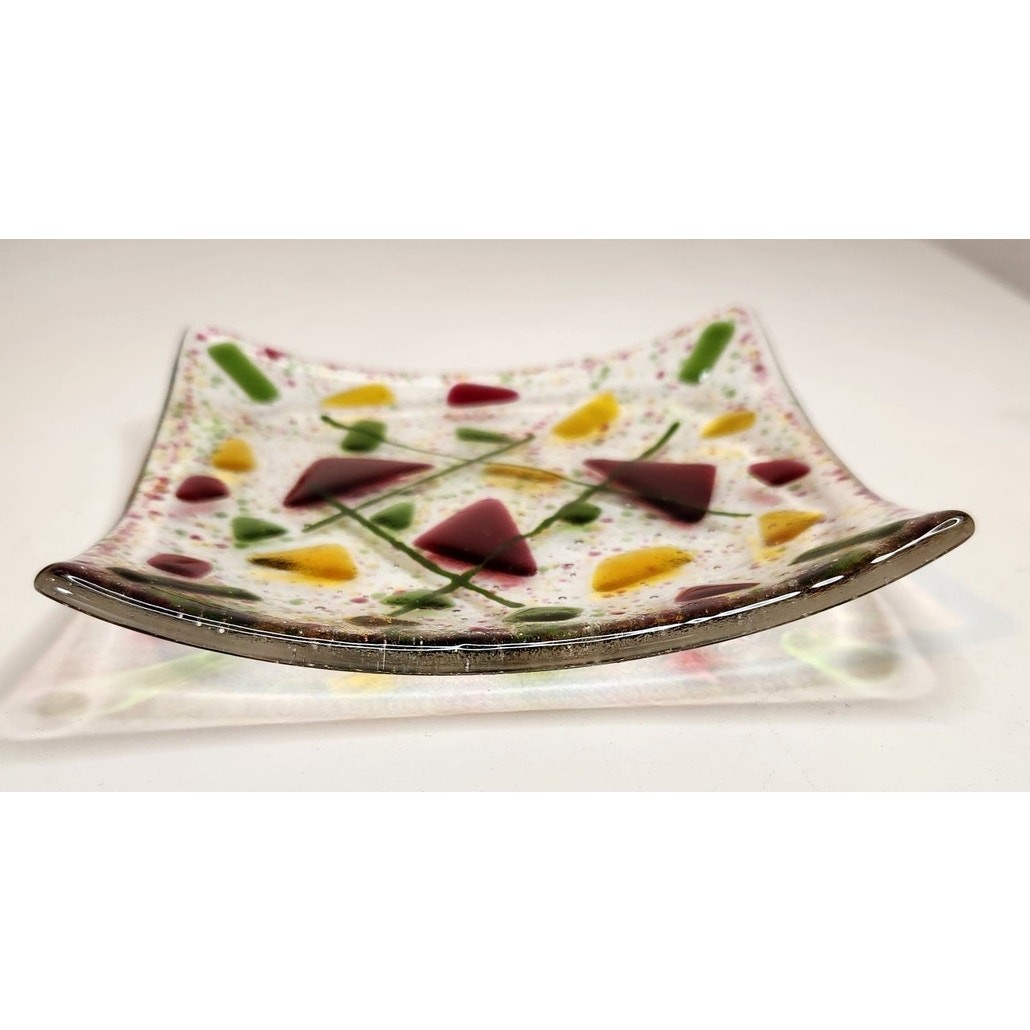 Cheerful Fused Glass Art Trinket Candy Dish Red Green Yellow 6" x 6"
