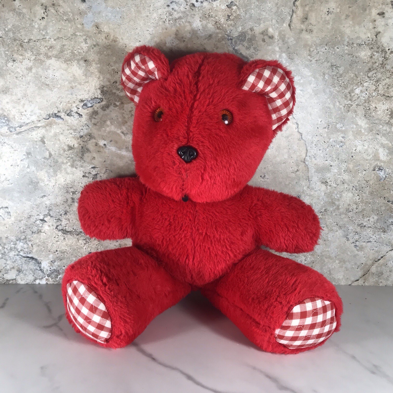VINTAGE RED CHECK PATTERN HANDMADE TEDDY BEAR PLUSH STUFFED ANIMAL TOYS BY JEAN
