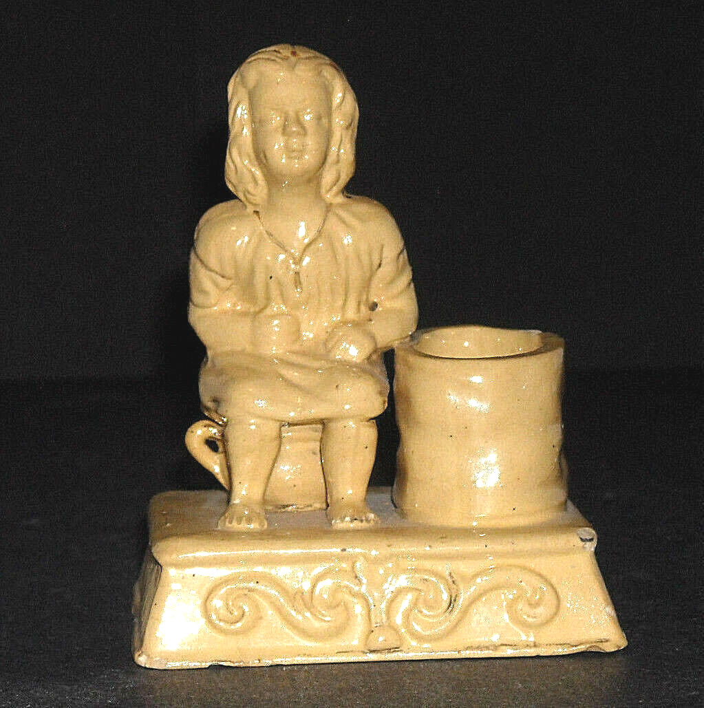 Antique Small 3 5/8"  Yellow Ware Figural Match Holder/Striker - Stoneware