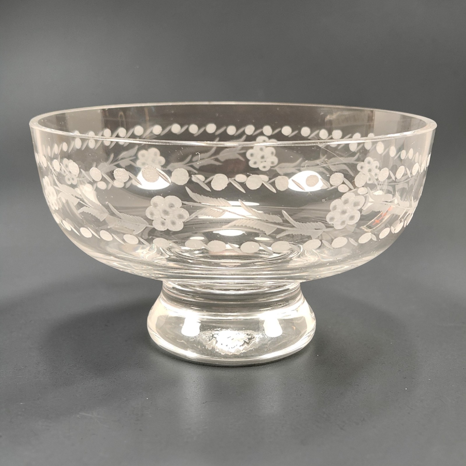 VTG Skruf Swedish Crystal Pedestal Bowl Etched Engraved Floral Glass Sweden 5.5"
