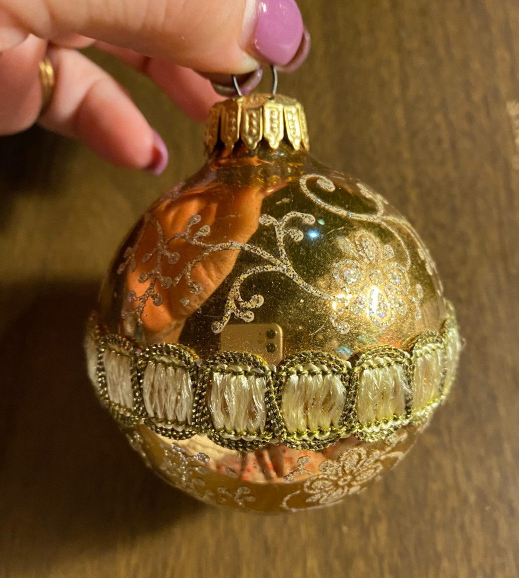 Stenciled Shiny Gold Glitter Lace Wrapped Glass Ball Christmas Ornament 2 1/2"