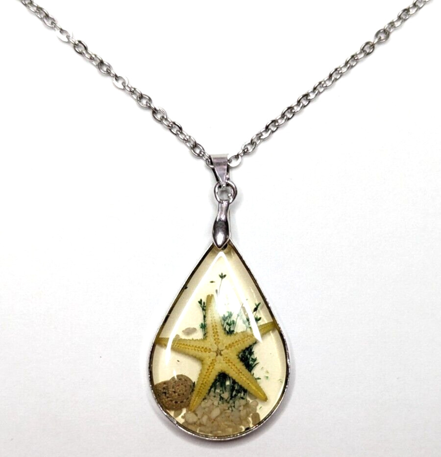 Real Yellow Starfish Lucite Pendant Silver Tone Chain Necklace 18" Long