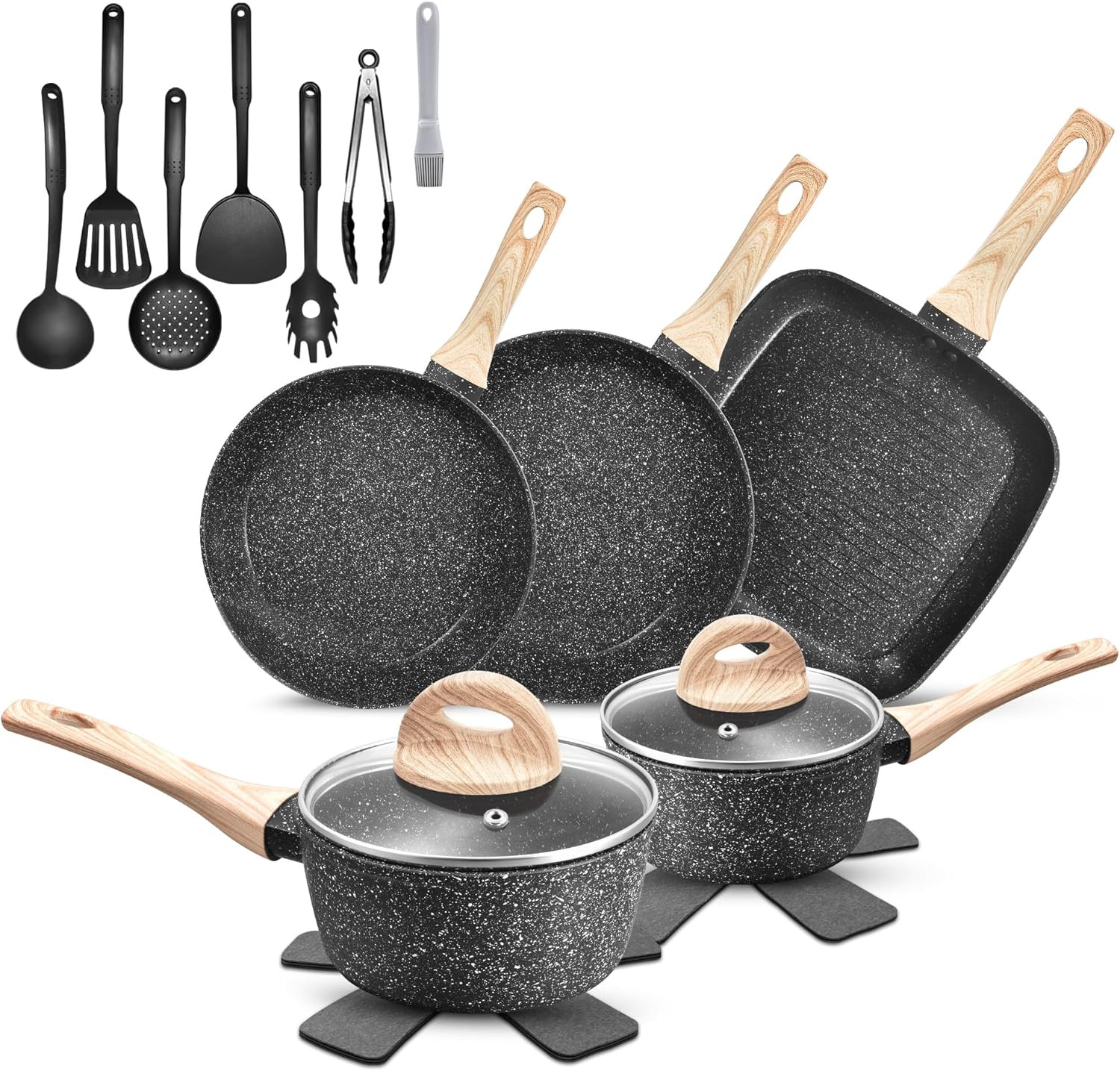 19 Pcs Pots and Pans Set Non Stick, Black Granite Induction Cookware Set, Non To
