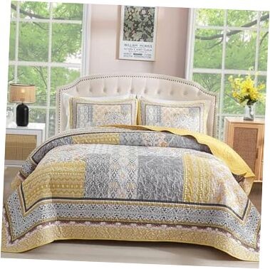  Quilt Set,Bohemian Patchwork Bedspread Coverlet Set, Reversible Full Yellow