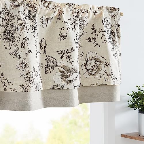  Linen Valance Curtain Farmhouse 50"W x 18"L (Pack of 1) Flower Black on Beige
