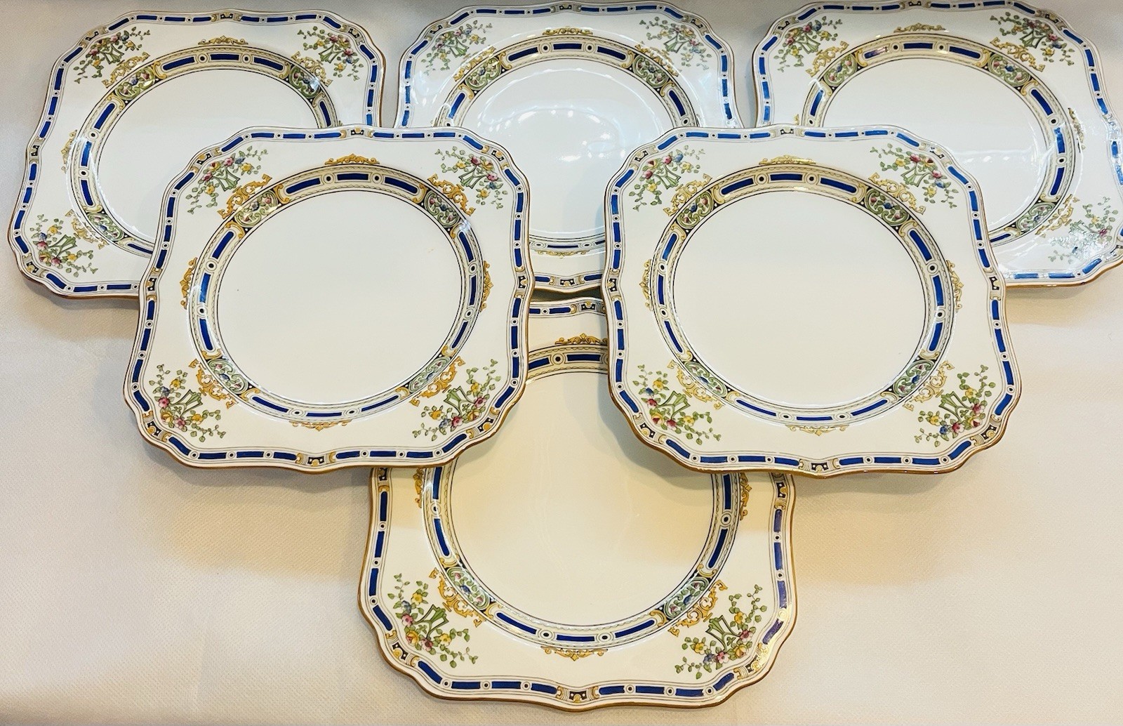 Set 6 Royal Doulton B55 Square Luncheon Plates Blue Gold Floral England Vintage