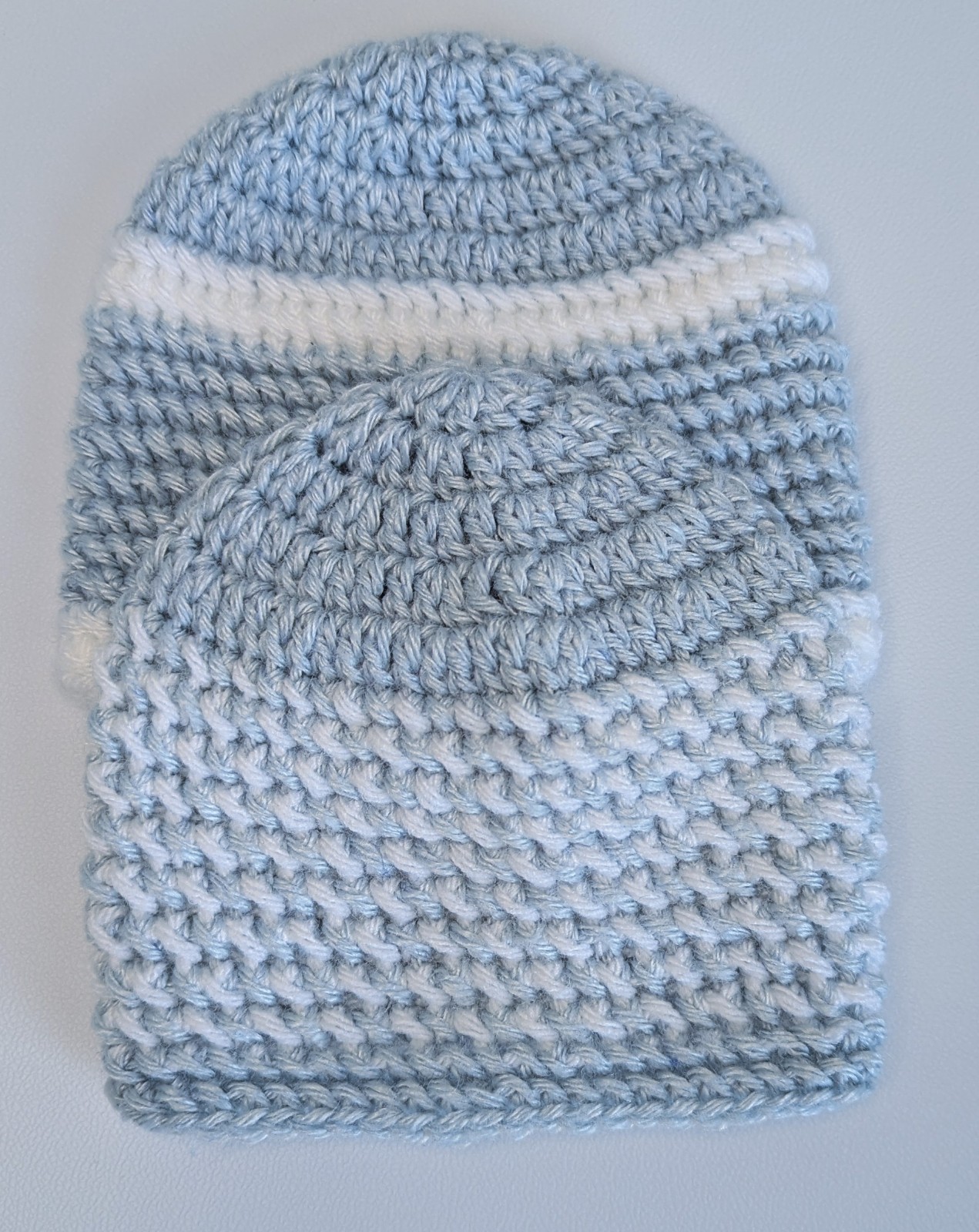 Handmade Crochet Baby Boy Hat Set, Soft Blue and White, 0-3  month beanies 