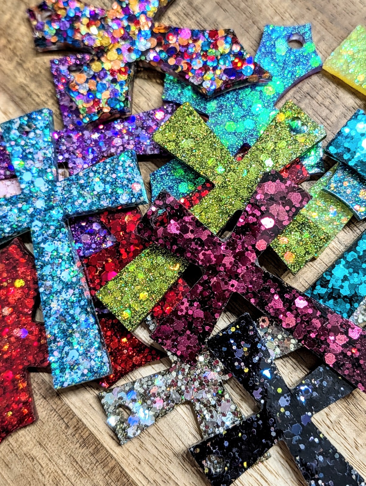 Grab Bag Of Five UNFINISHED Handmade Resin Glitter Cross Keychain Charms