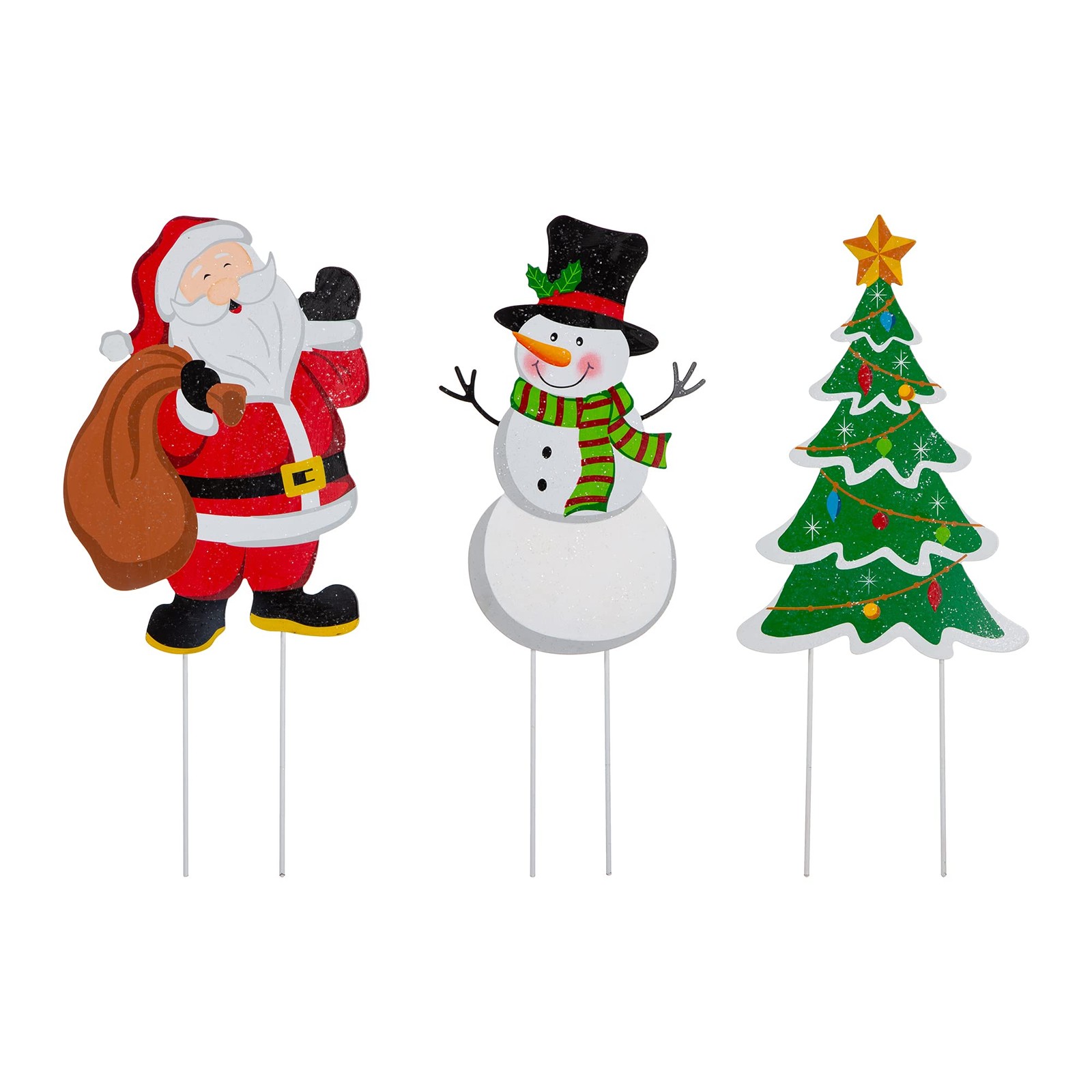 Metal Christmas Santa Snowman Tree Stake 3 Pack Outdoor Yard Holiday Décor, 2...