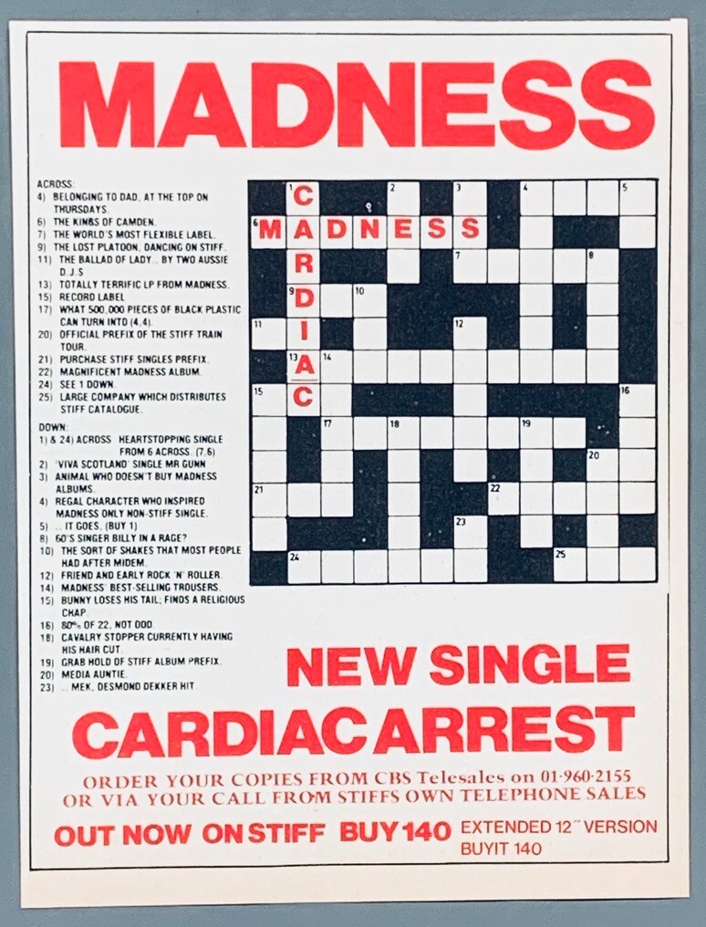 MADNESS 1981 vintage PRINT ADVERT CARDIAC ARREST Stiff SKA