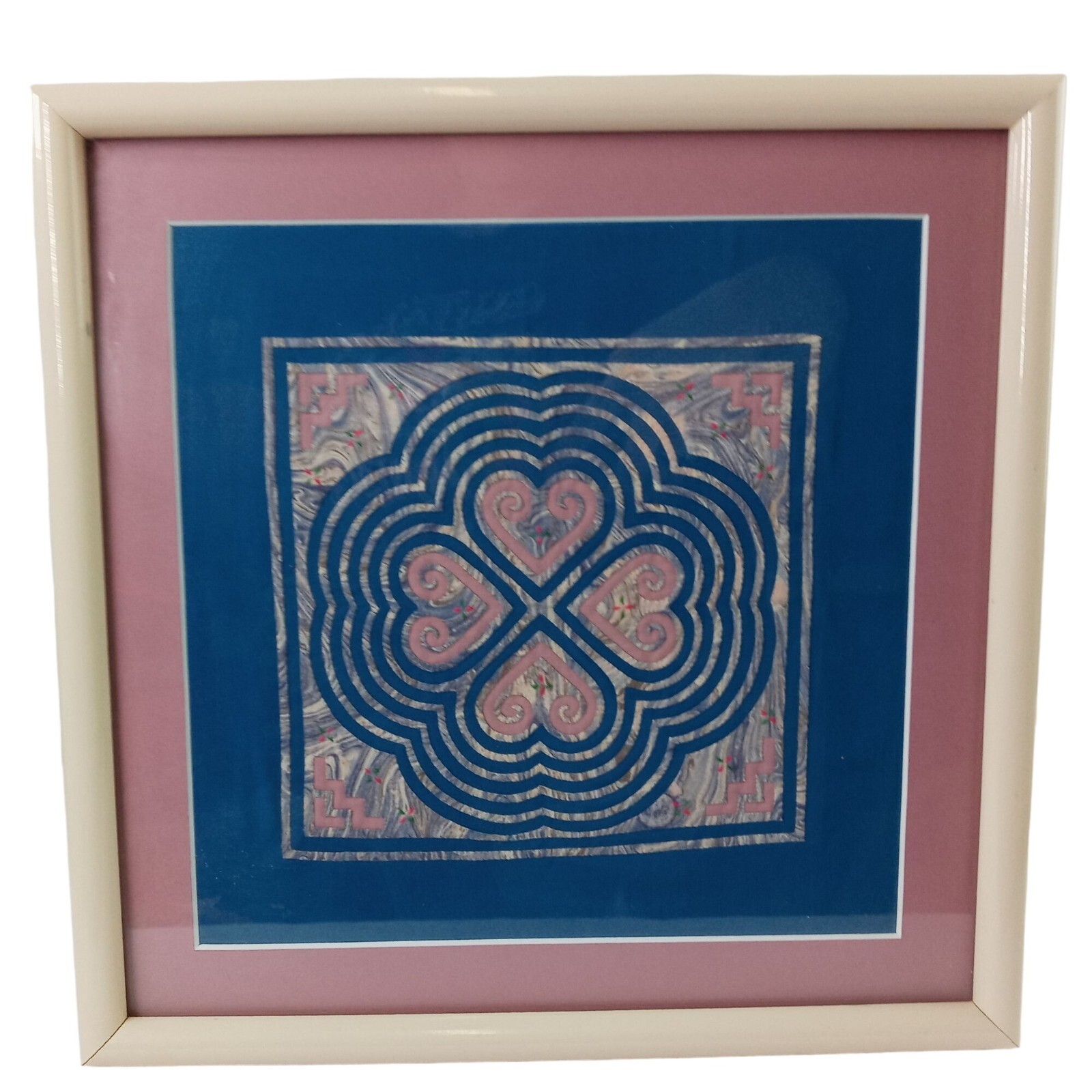 Framed Textile Wall Art Hmong Pandau Needle Design Flower Cloth Pink Blue