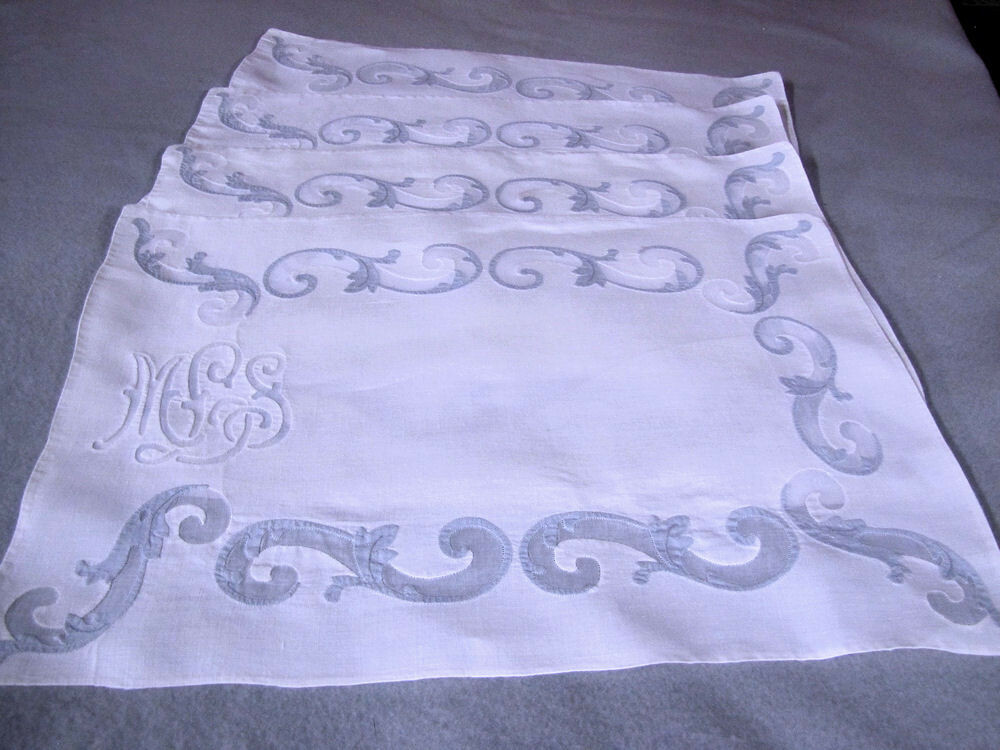 4 Vintage Placemats Blue Organdy Handmade Applique Triple Monogram mLs