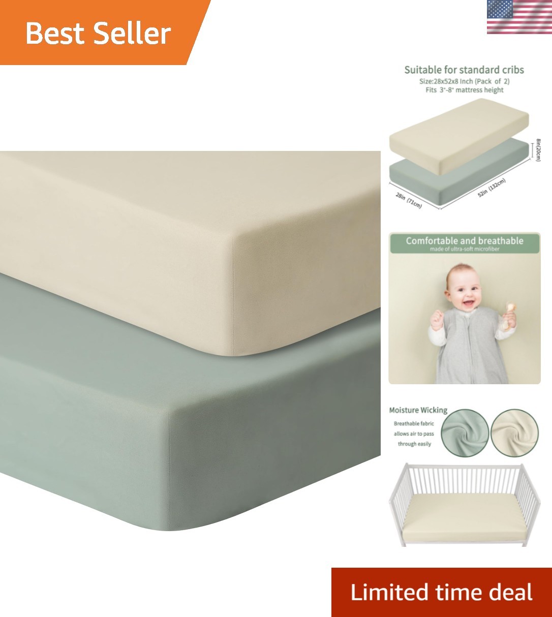 Baby Crib Sheets for Boys Girls, 2 Pack Fitted Crib Sheet for Standard Crib a...