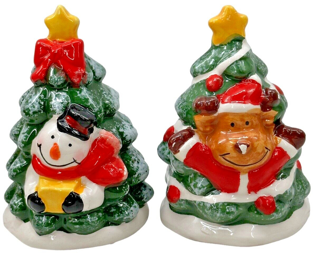 Christmas Tree Snowman and Reindeer Salt & Pepper Shakers Set Holiday Decor Vtg