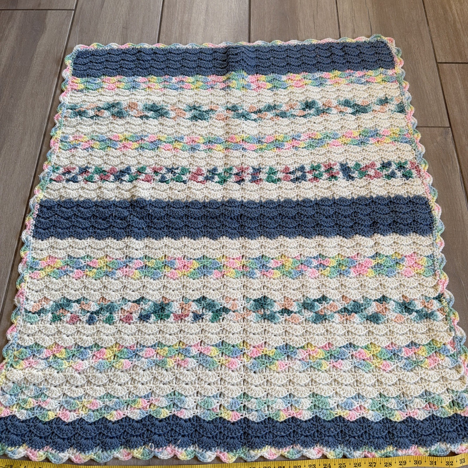 Handmade Crochet Knit Baby Blanket Lap Crib Unisex Multicolor Stripes 37x36