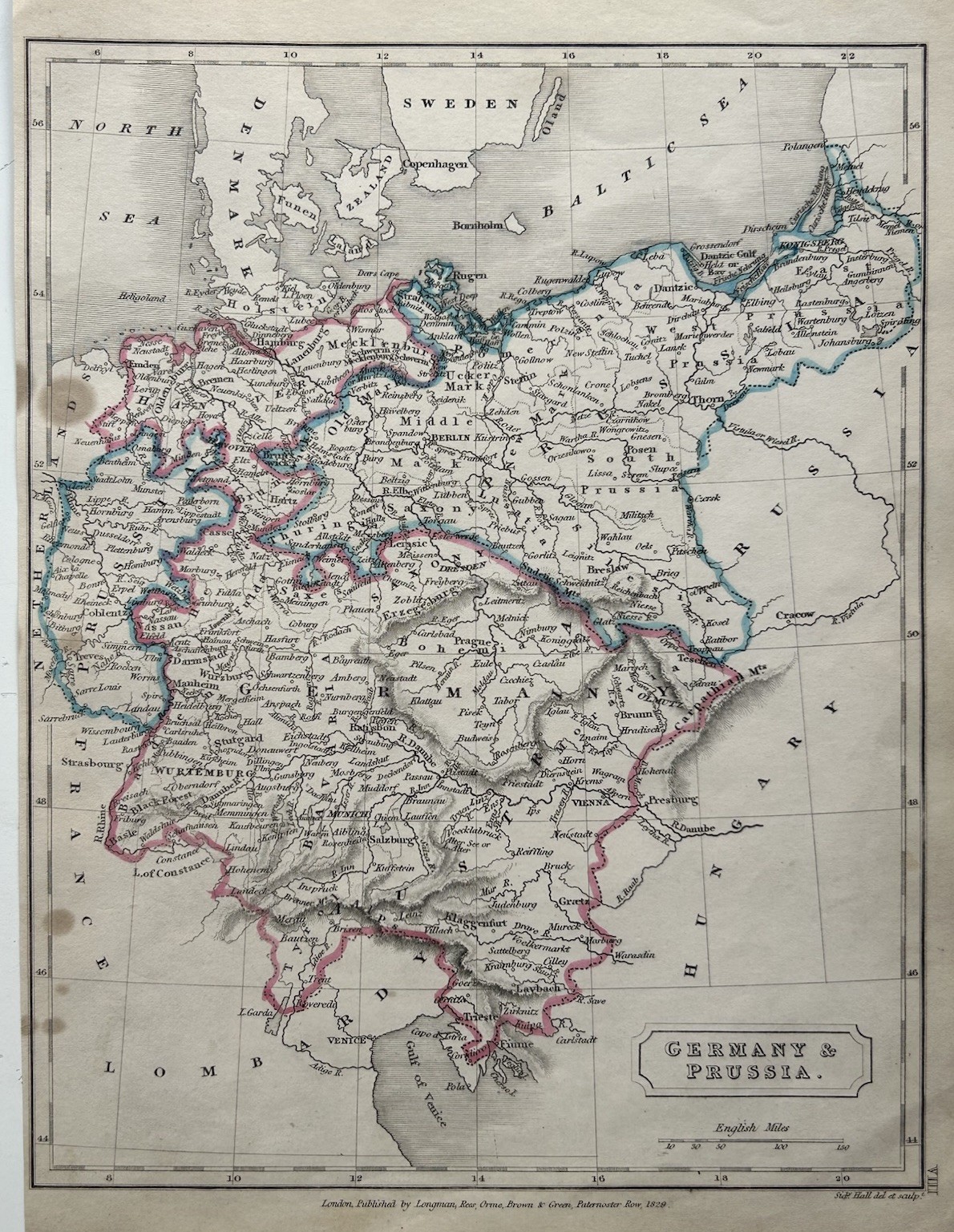 1829 Germany & Prussia Original Antique Hand Coloured Map By Sidney Hall