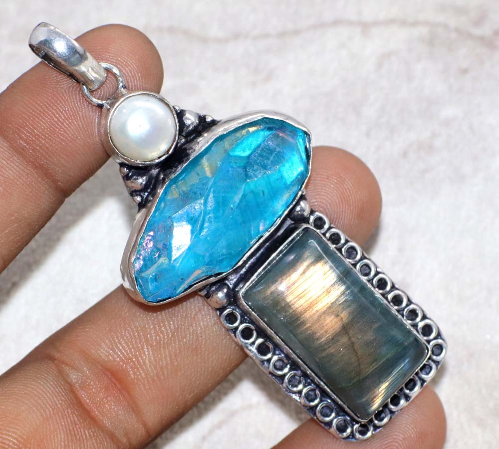 Long Fiery Labradorite Blue Titanium Aura Quartz Pendant 2.8" Fashion Sale MJ