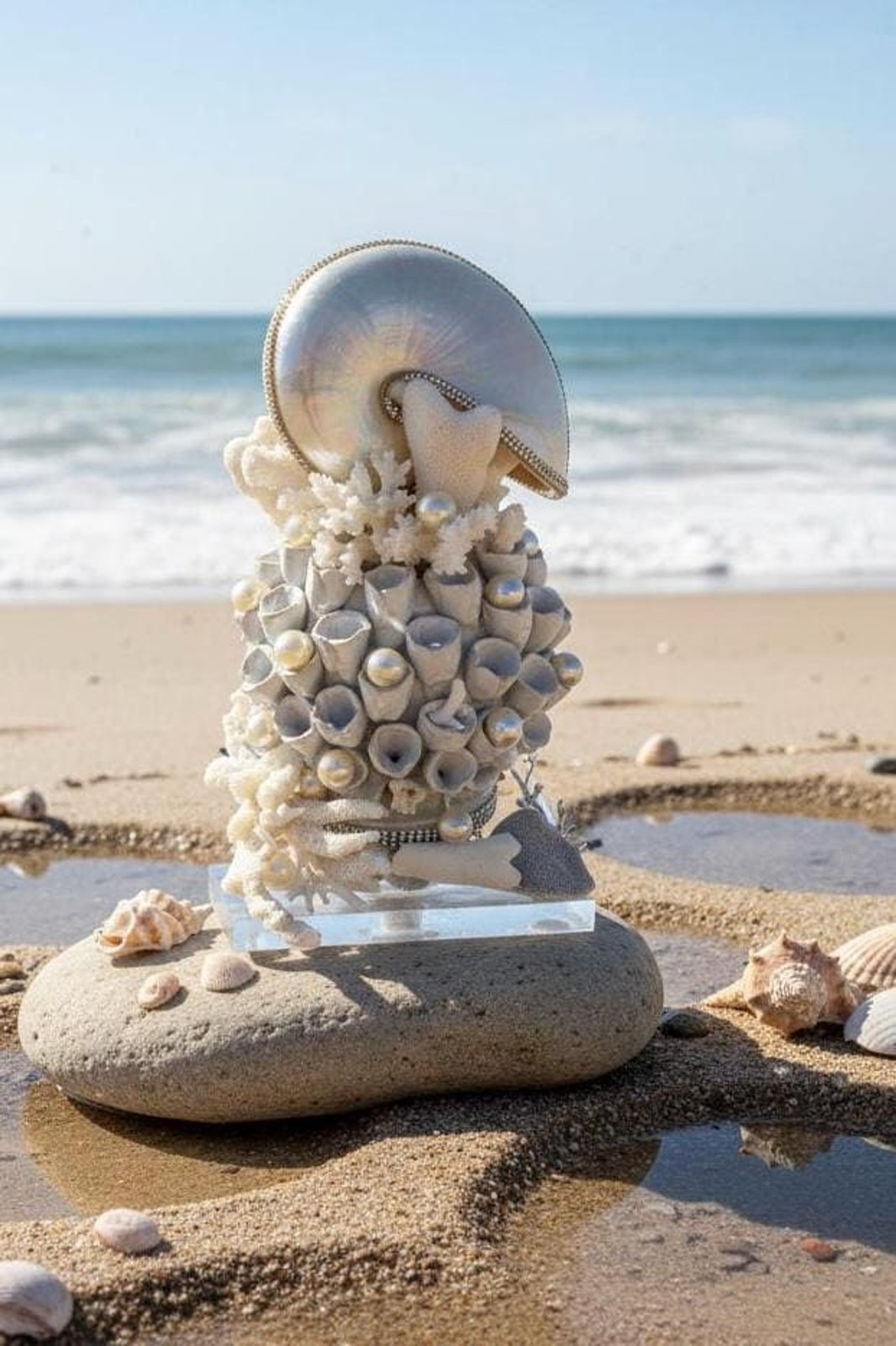 Costal Home Decor CenterpieceNatural coral Nautilus Rhinestones, Pearls, marble 