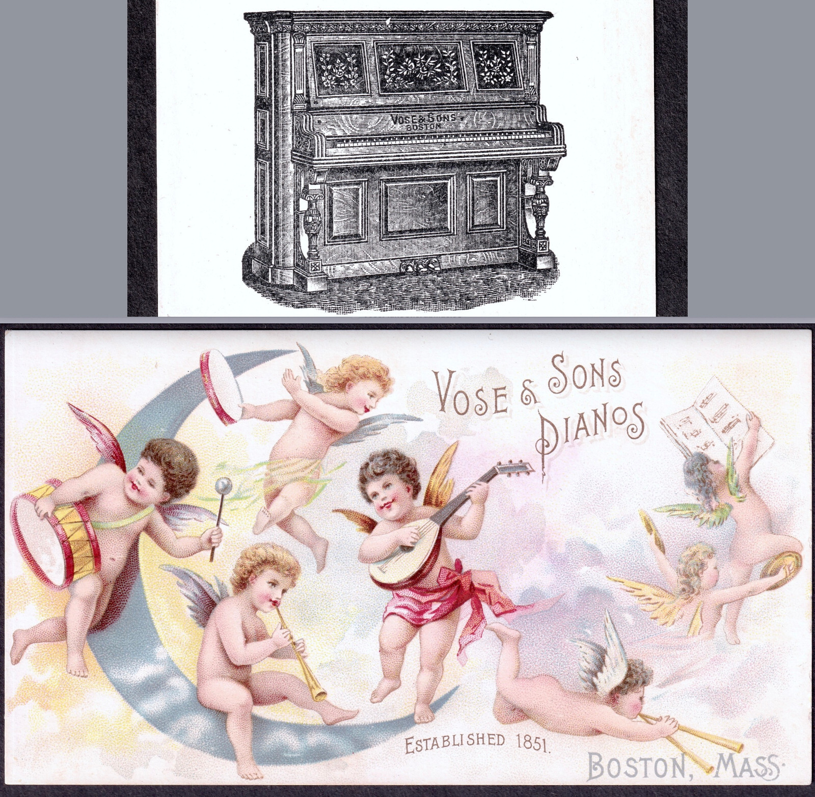 Antique Vose & Sons Piano Ad Cherub Angel Fairy Sheet Music Victorian Trade Card