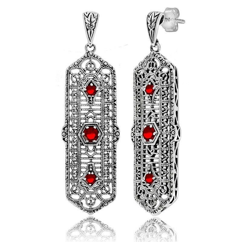 2CT Treated Ruby 925 Solid Sterling Silver Victorian Style Earrings OX8