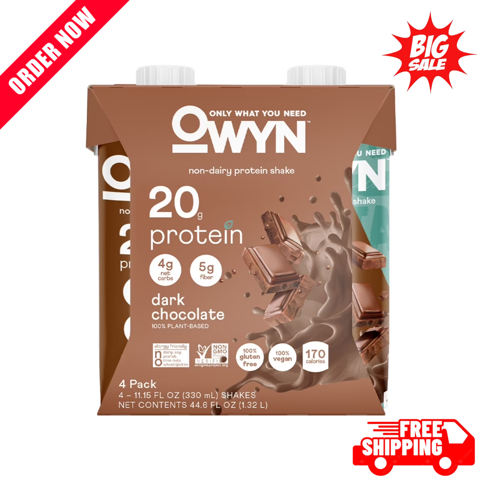 OWYN Plant-Based 20g Protein Shake, Dark Chocolate, 11.15 fl oz, 4 Count