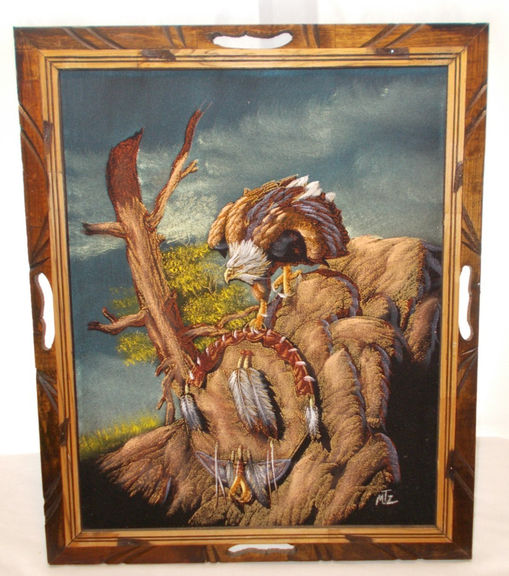 Vintage Black Velvet Painting Bald Eagle Dreamcatcher Wood Frame 23x19 AMAZING
