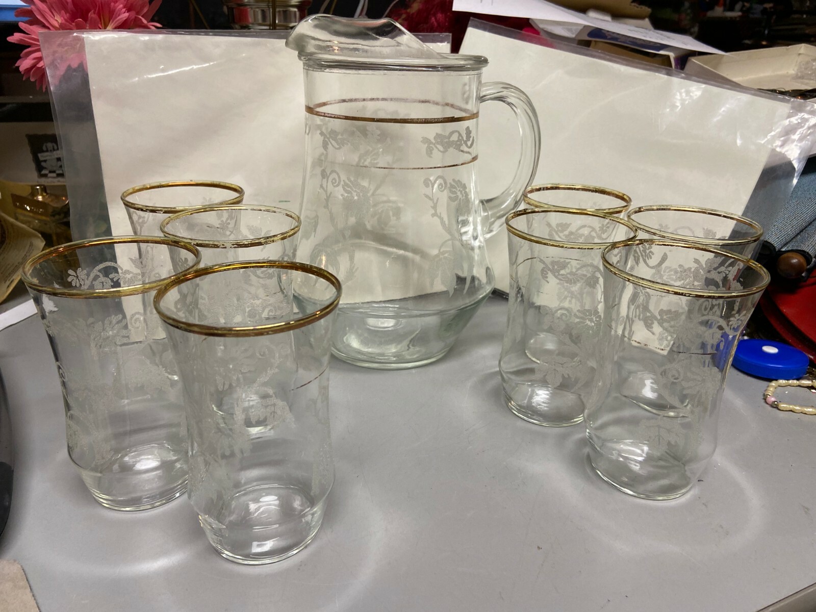 Bartlett Collins Clear Sand Etched Glass Pitcher/8 Glasses Vine Gold Trim VTG
