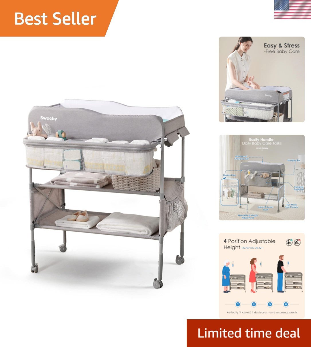 Elegant Grey Portable Diaper Changing Station with Adjustable Height & Storage