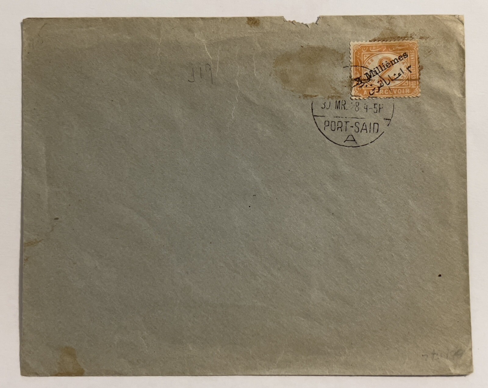 EGYPT PORT SAID COVER WITH 3M OVERPRINT 1898 J19 OVERPRINT STAMP