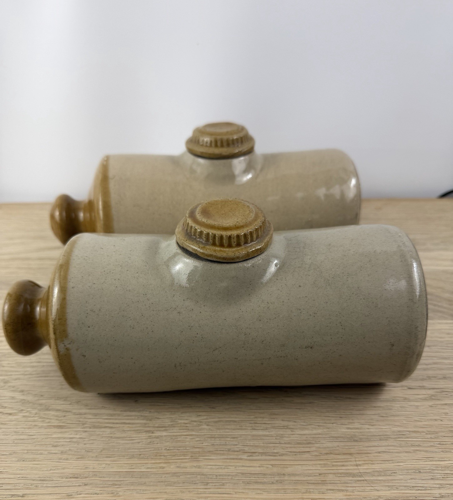 Vintage Stoneware Hot Water Bottles Pair Rustic Bed Warmers 22cm