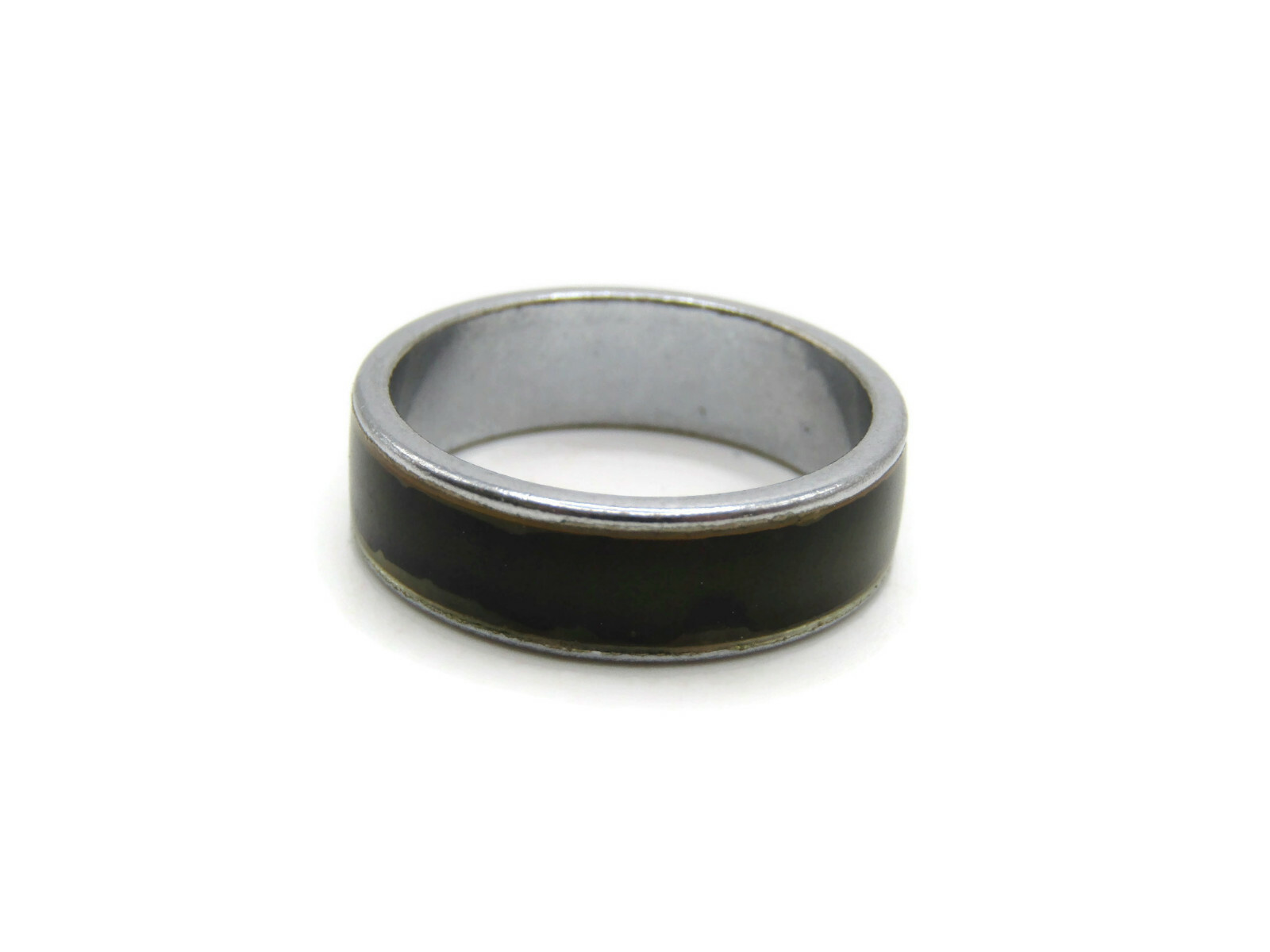 Black Stone Inlay Ring Vintage Silver Tone Band Size 7/8