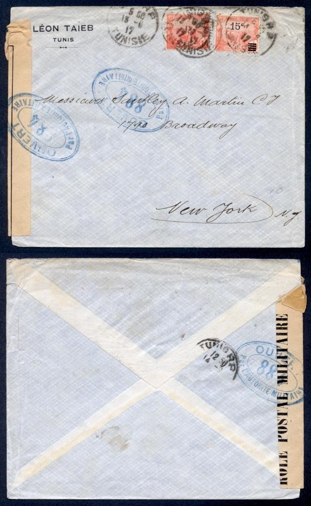 TUNISIA 1917 CENSORED TO USA