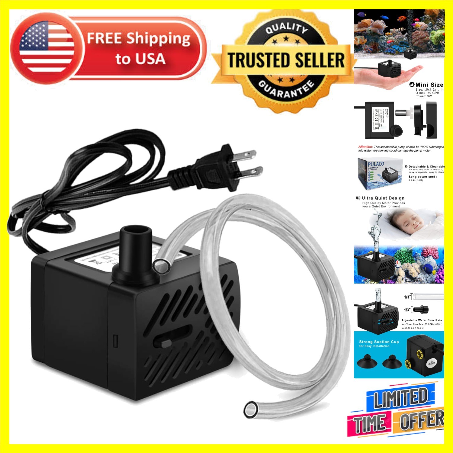 Ultra Quiet 50GPH Submersible Water Pump - Ideal for Fish Tanks & Water Gardens