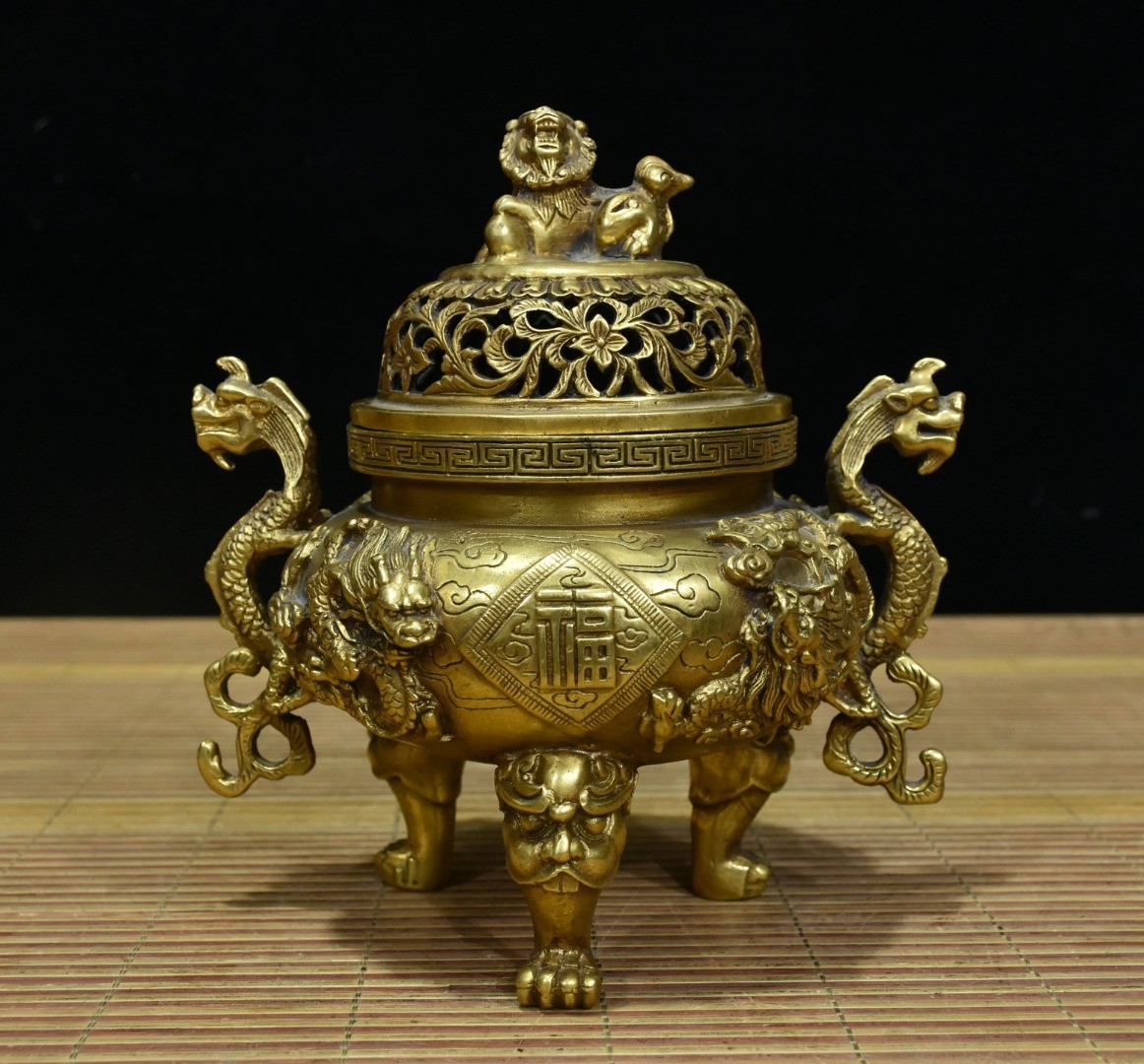 7.87" Old Chinese Copper Gilded Incense Burner, Dragon&Fu Lu Shou,Xuande Mark