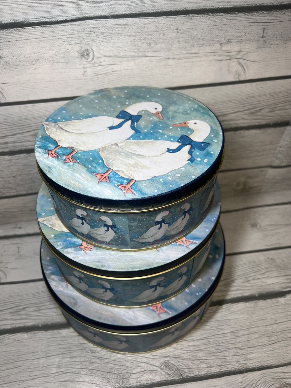 Vintage Country Goose Blue Ribbon Bow Nesting Tin Kitchen Canister Set 3 Decor