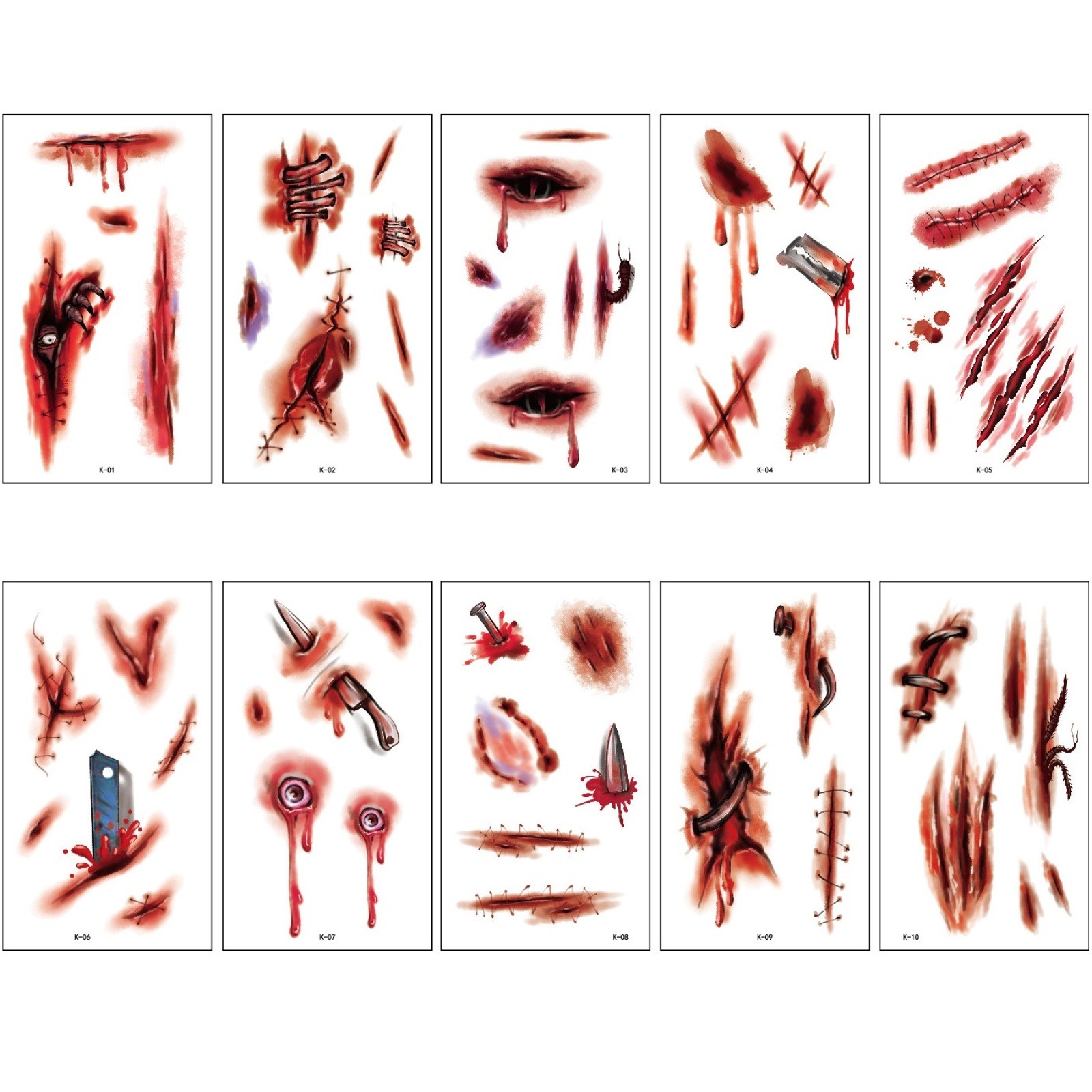 10 Sheet Temporary Fake Water Tattoo Scar/Real Blood /Wound Sticker Halloween