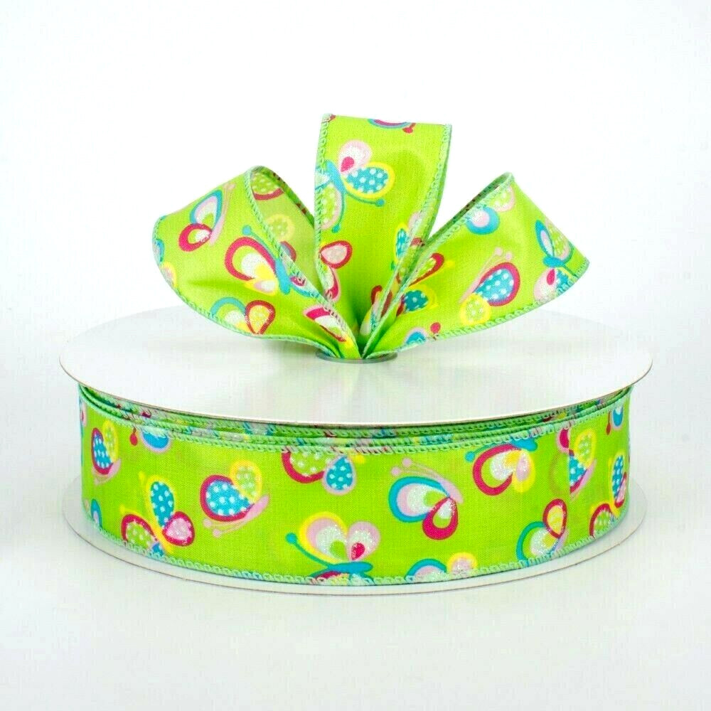 Summer Butterflies 1.5" by 5 yds Lime Green Wired Ribbon Glitter Red Yellow Blue